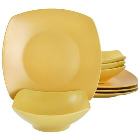 Gibson Home 8 Piece Square Stoneware Dinnerware Set in Matte Yellow Freesia